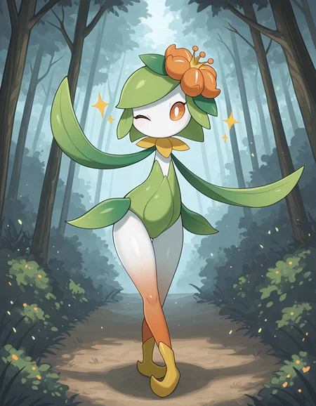 masterpiece, best quality, amazing quality, very detailed, newest, no humans, WnHLlgnt, white skin, colored sclera, leaf arms, orange flower, orange eyes, pokemon \(creature\), (solo), full body, looking at viewer, dark forest, hills, flowers, bushes, trees, standing, one eye closed, (sparkles, shiny), <lora:4602d1f3-31a2-4c2b-a02f-c6bff6e0e89d:0.9>
