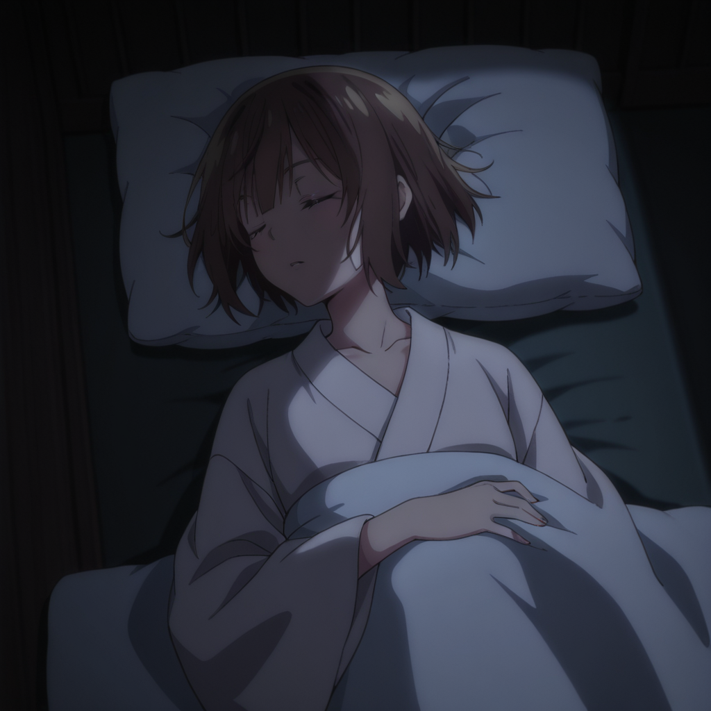 nsfw, masterpiece, best quality, 1girl, solo, seirei_gensouki_ruri,  japanese clothes, white kimono, pillow, brown hair, closed eyes, sleeping, short hair, lying, on back,parted lips, collarbone, long sleeves, under covers, dark, bangs, indoors, <lora:Ruri_-_Seirei_Gensouki:0.7>