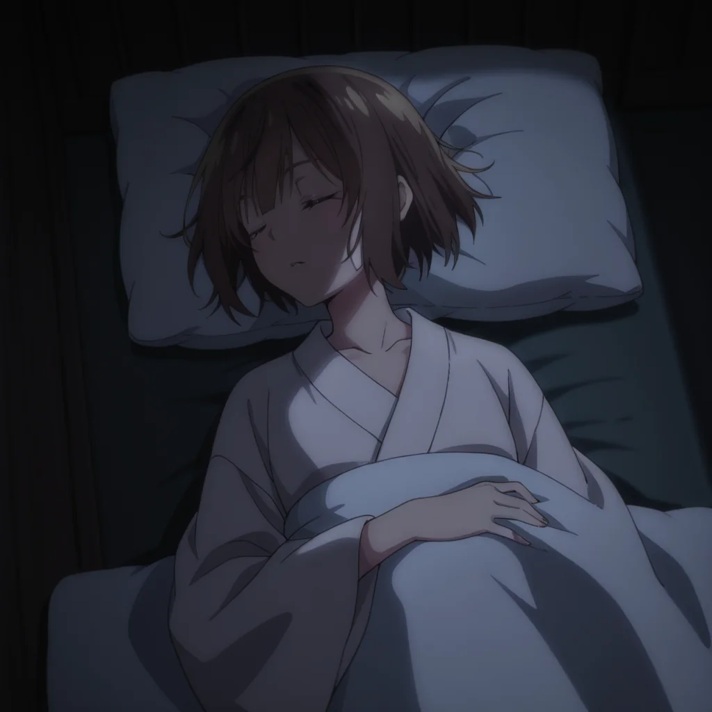 nsfw, masterpiece, best quality, 1girl, solo, seirei_gensouki_ruri, japanese clothes, white kimono, pillow, brown hair, closed eyes, sleeping, short hair, lying, on back,parted lips, collarbone, long sleeves, under covers, dark, bangs, indoors, <lora:Ruri_-_Seirei_Gensouki:0.7>