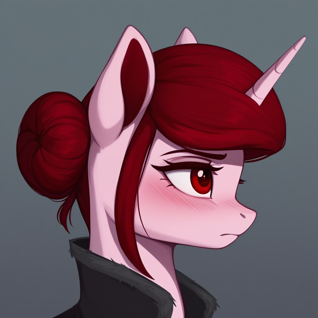 masterpiece, score_9, score_8_up, score_7_up, (best quality:1.1), ultra-detailed, high resolution, 1character, solo, Rosa Maledicta, (Queen of Blood), pony, unicorn, feral, female, mare, (((beautiful detailed red eyes))), long eyelashes, eyebrows, fluffy pony ears, horn, tail, pale pink skin, dark red mane, hair bun, black royal cloak, jewelry, ruby ​​locket, blush, highly Visible, sharp focus, perfect lighting, shadow, anatomically correct, extremely detailed, high detail, portrait, profile, from side, expressiveh, high res, simple background