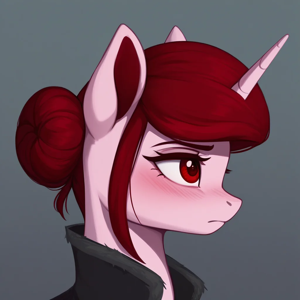 masterpiece, score_9, score_8_up, score_7_up, (best quality:1.1), ultra-detailed, high resolution, 1character, solo, Rosa Maledicta, (Queen of Blood), pony, unicorn, feral, female, mare, (((beautiful detailed red eyes))), long eyelashes, eyebrows, fluffy pony ears, horn, tail, pale pink skin, dark red mane, hair bun, black royal cloak, jewelry, ruby ​​locket, blush, highly Visible, sharp focus, perfect lighting, shadow, anatomically correct, extremely detailed, high detail, portrait, profile, from side, expressiveh, high res, simple background