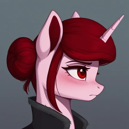 masterpiece, score_9, score_8_up, score_7_up, (best quality:1.1), ultra-detailed, high resolution, 1character, solo, Rosa Maledicta, (Queen of Blood), pony, unicorn, feral, female, mare, (((beautiful detailed red eyes))), long eyelashes, eyebrows, fluffy pony ears, horn, tail, pale pink skin, dark red mane, hair bun, black royal cloak, jewelry, ruby locket, blush, highly Visible, sharp focus, perfect lighting, shadow, anatomically correct, extremely detailed, high detail, portrait, profile, from side, expressiveh, high res, simple background