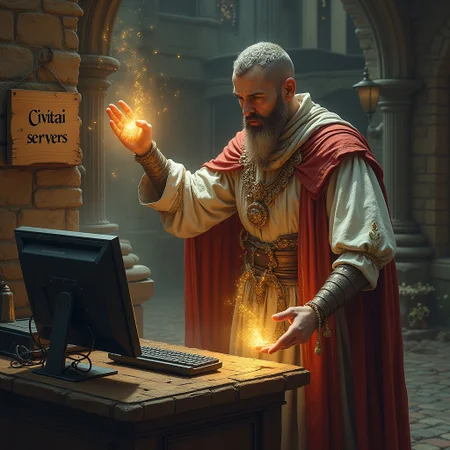 Medieval fantasy cleric casting healing miracles on civitai computers, a wooden sign labeled "Civitai servers" is above the computers, the background is a victorian house