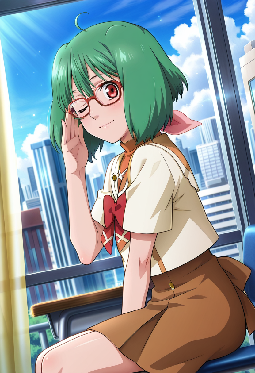 street, cityscape,
BREAK,
light smile,  looking at viewer, sitting,
cowboy shot,
dynamic angle, from side,
BREAK,
 <lora:rankaX_illustriousXL_v01:1>
ranka lee, rankamihoshi, green hair, red eyes, short hair, ahoge, 
school uniform, short sleeves, red ribbon, turtleneck, orange shirt, 
brown skirt,  red-framed eyewear,  wink, adjusting eyewear,, source_anime, very aesthetic, anime coloring, masterpiece, 
best quality, amazing quality, ultra detailed, very aesthetic, 
detailed background, 
BREAK,