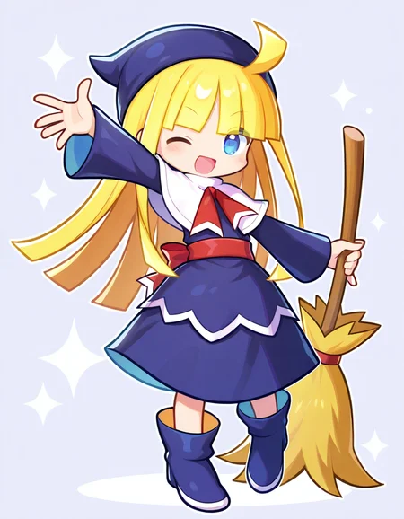 <lora:witchPF_SDXL_Illustrious01_fp16_ver01:1>,witchPF, 1girl,blonde hair,blue eyes,long hair,blunt bangs,ahoge,blue hat, dress,red sash, capelet,long sleeves,blue boots,;d,puyopuyo fever, chibi,holding broom, masterpiece, best quality, very aesthetic, absurdres,<lora:detailed_hands:1>,hand