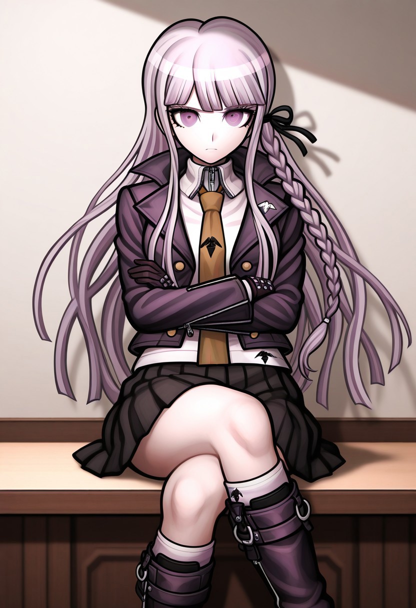 Kyoko Kirigiri DR1, Kyoko Kirigiri, masterpiece, best quality, purple eyes, long lavender hair down with a single braid on her left side, tied with a black ribbon, dark purple collared jacket with six brown buttons over a zipped up long-sleeved white blouse and brown tie with a bird-like symbol on it, black short pleated skirt, heeled knee-high purple boots with equally knee-high light purple socks, custom-made black studded gloves, medium breasts, looking at viewer, crossed arms