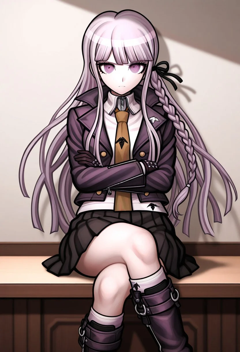 Kyoko Kirigiri DR1, Kyoko Kirigiri, masterpiece, best quality, purple eyes, long lavender hair down with a single braid on her left side, tied with a black ribbon, dark purple collared jacket with six brown buttons over a zipped up long-sleeved white blouse and brown tie with a bird-like symbol on it, black short pleated skirt, heeled knee-high purple boots with equally knee-high light purple socks, custom-made black studded gloves, medium breasts, looking at viewer, crossed arms