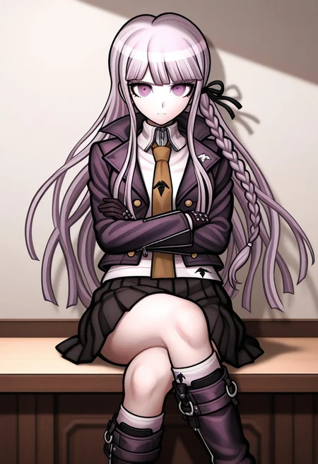 Kyoko Kirigiri DR1, Kyoko Kirigiri, masterpiece, best quality, purple eyes, long lavender hair down with a single braid on her left side, tied with a black ribbon, dark purple collared jacket with six brown buttons over a zipped up long-sleeved white blouse and brown tie with a bird-like symbol on it, black short pleated skirt, heeled knee-high purple boots with equally knee-high light purple socks, custom-made black studded gloves, medium breasts, looking at viewer, crossed arms