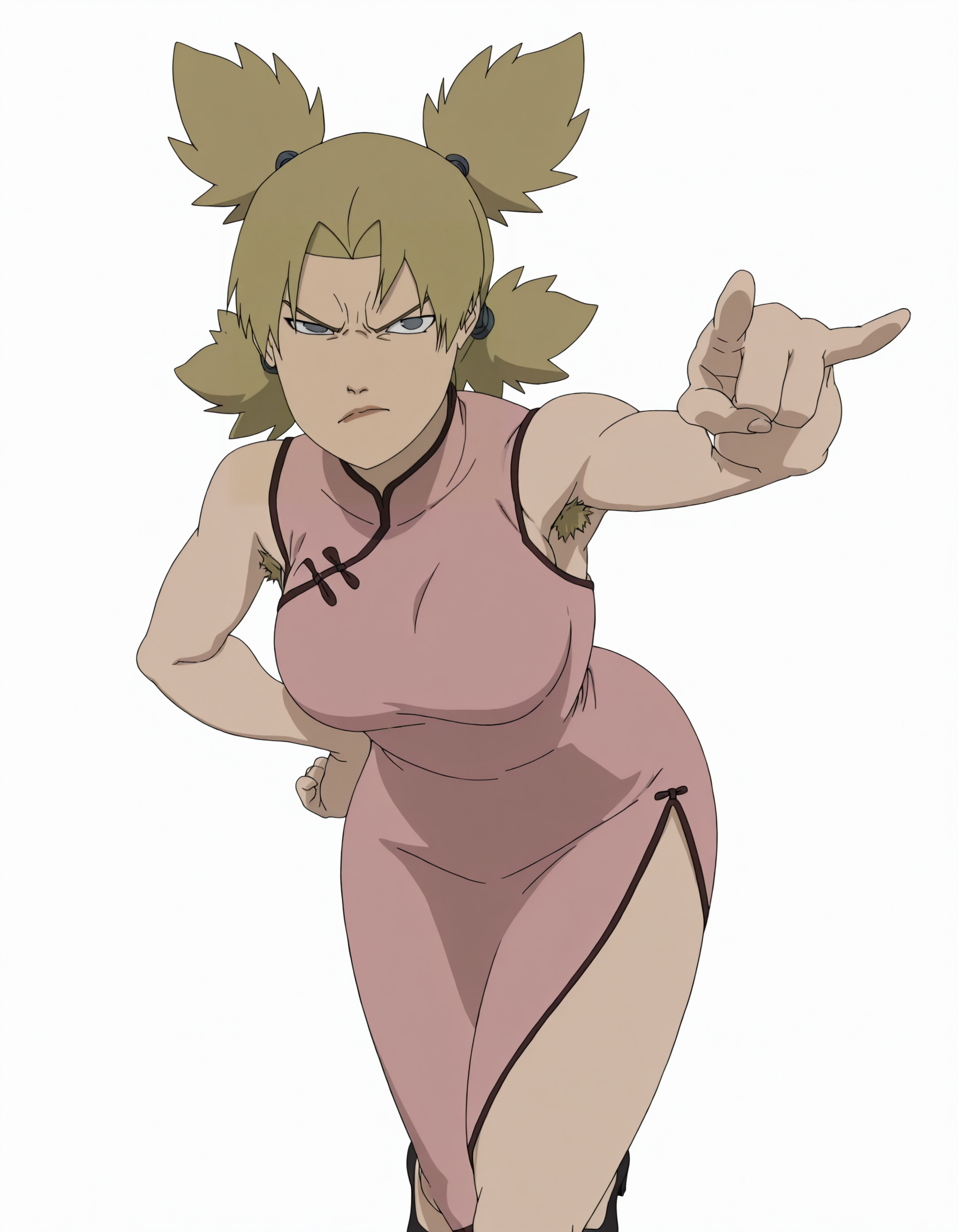 solo, perfect composition, shadows, shading, <lora:anime_screencap-Illustrious:0.7> anime screencap, anime coloring, very aesthetic, absurdres, zPDXL, <lora:Pony_DetailV2.0:0.5> <lora:illustrious_quality_modifiers_masterpieces_v1:1>
<lora:Temari-000012:1> temari, 1girl, quad tails, female focus, looking at viewer, angry, defined lips, closed mouth, <lora:Korra-Stare-Off-Il-1.0:0.8> Korra-Stare-Off-Il-1.0, pointing with two fingers, pointing at viewer, leaning forward, hand on hip,
Chinese dress, (pink dress), elegant dress, breasts, armpit hair, sideboob, side-slit, hips, bare thighs, heels,
white background, simple background,