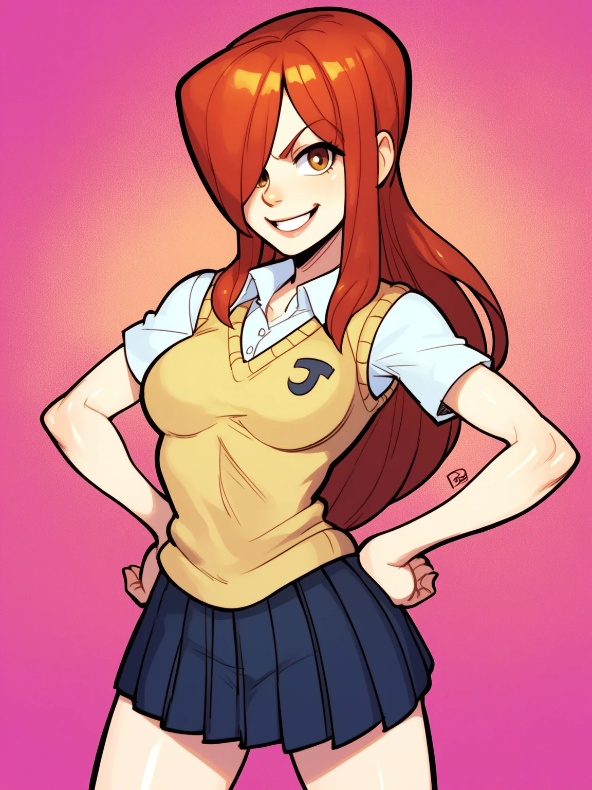 score_9, score_8_up, score_7_up, score_6_up, score_5_up, score_4_up, source_cartoon, rating_safe,
BREAK
<lora:Parasoul:0.75> parasoulschool, 1girl, solo, long hair, breasts, smile, skirt, school uniform, pleated skirt, parody, sweater vest, hands on hips,