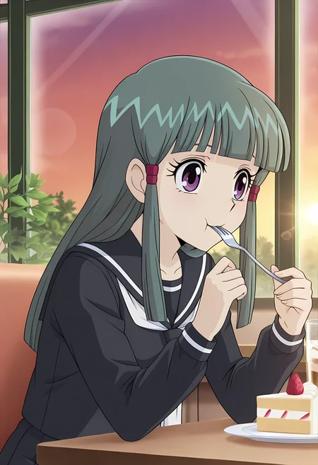 masterpiece,best quality,amazing quality,
1girl, solo,
Mai Tobita (Cardfight Vanguard), green hair, long hair, blunt bangs, purple eyes, school uniform, black serafuku, skirt,
cinematic, upper body, eating a cake slice with fork,
Sit, sitting, glass, cafe, greenery,
afternoon, sunset,
Lens flare, bloom,
Official style, anime screencap, anime coloring,