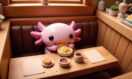 top down tilt shift image of tiny cute anthropomorphized axolotls with pink frilly gills and round black eyes, high-angle view of a pink axolotl nestled in a cushioned booth of a cozy country café, eating a small bowl of mac and cheese topped with breadcrumbs; its round black eyes are focused on its meal, and its frilly gills perk up with each bite; rustic touches like wooden beams, ceramic dishes, and a small vase of daisies decorate the table, while the tilt-shift effect softly blurs the surroundings of other tables and country decor, creating a charming, home-style dining experience<lora:Axomodel_Flux_V2.safetensors:1.0:1.0> <lora:isometric.safetensors:1:1>