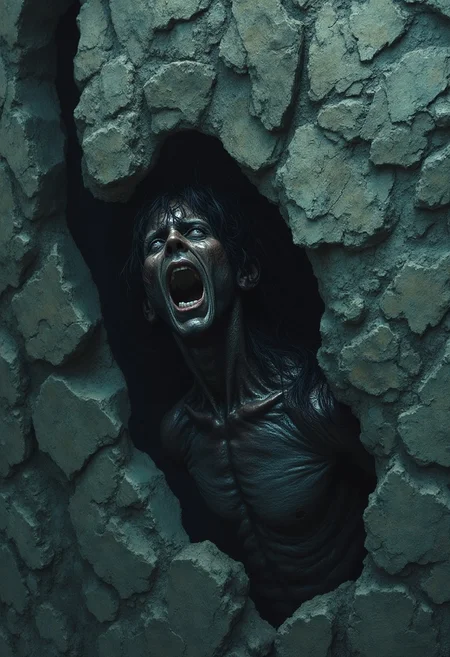 score_9_up, score_8_up, score_7_up, sideview, highly detailed, we see a rockface, a humanoid creature is merging from the rock, screaming, only the upper body visible yet, dark mood, wet stone, full body