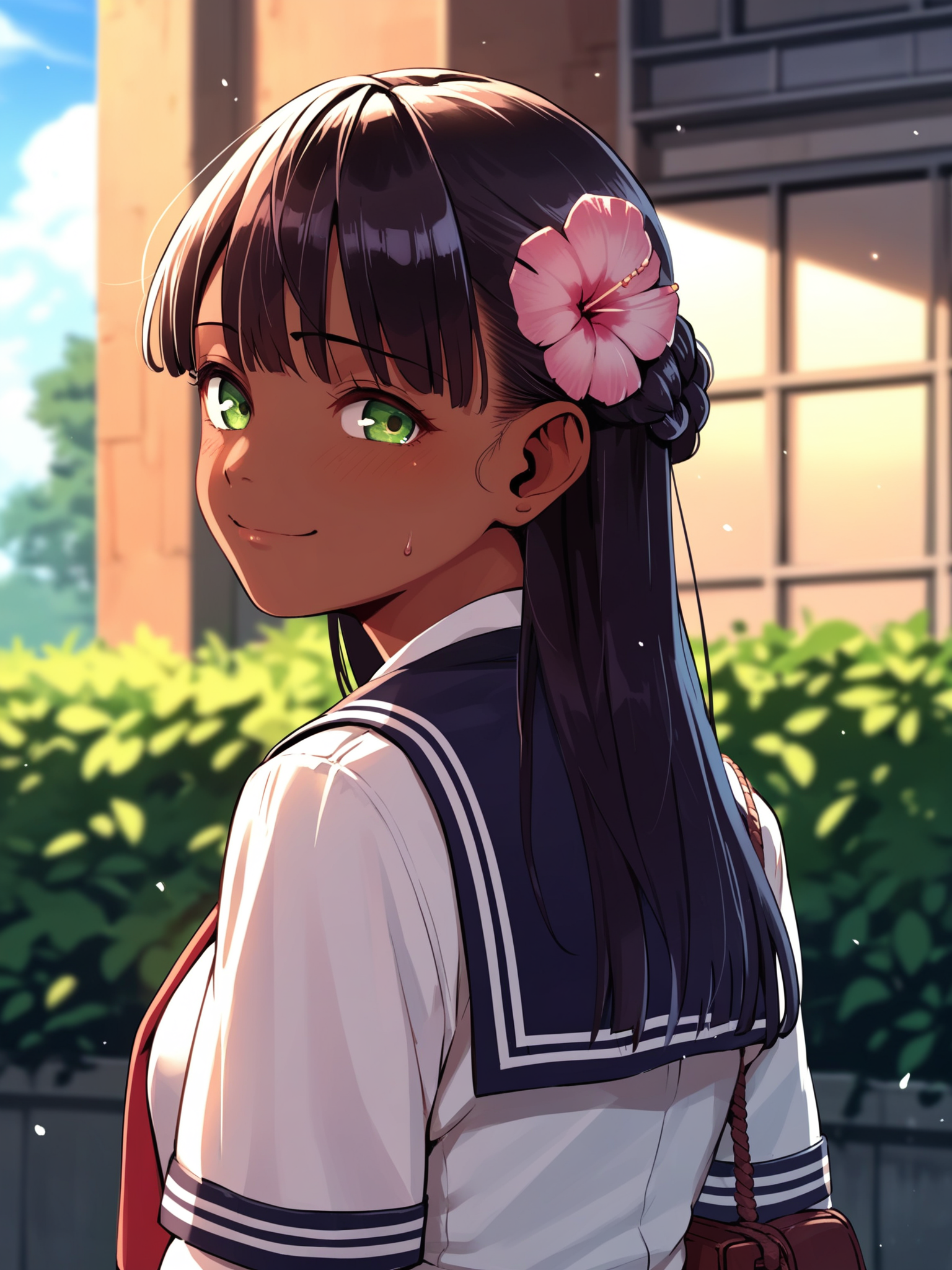 <lora:happy_tentacle-ranee-v0.4-000028:0.9>, ht_ranee, dark-skinned female, hair flower, green eyes, school uniform, outdoors , 1girl, solo, upper body , , ( naughty face :1.1), , looking back , standing , from behind , score_9, score_8_up, score_7_up, score_6_up, score_5_up, score_4_up