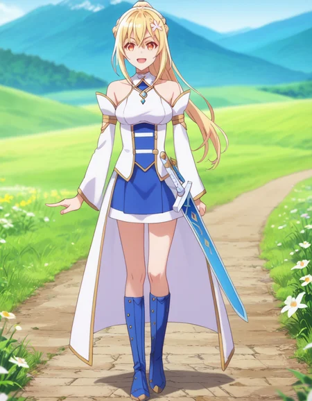 score_9, score_8_up, score_7_up, source_anime, BREAK
1girl, solo, blurry background, looking at viewer, full body, walking, open mouth, happy, pointing at viewer, outdoors, mountain, field, isekai,
lena floria (hazure skill kinomi master), long hair, blonde hair, braid, ponytail, hair flower, sidelocks, hair between eyes, orange eyes,
knight outfit, white dress, jewelry, off shoulder, detached sleeves, cape, sword, sheath, blue thigh boots,
<lora:lena_floria-hazure_skill_kinomi_masteri_s1_v3-anime-soralz:1>