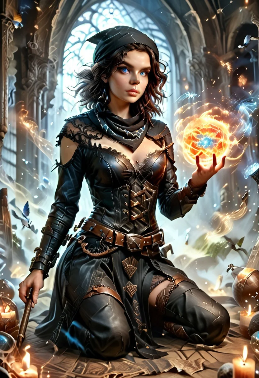 score_9, score_8_up, score_7_up, score_6_up, score_5_up, score_4_up, (1girl), detailed, healthy, athletic, beautiful, female, pale skin, bright blue eyes, covered from neck to toe, wizard, ((black bandana covering hair), black shoulder length hair), (belt, black bodysuit, black femloin, black loincloth, black buckled boots, black leather bodysuit with white embroidered runes, corset), black raven bird perched on her shoulder, (twirling magical staff, holding a magical fireball)