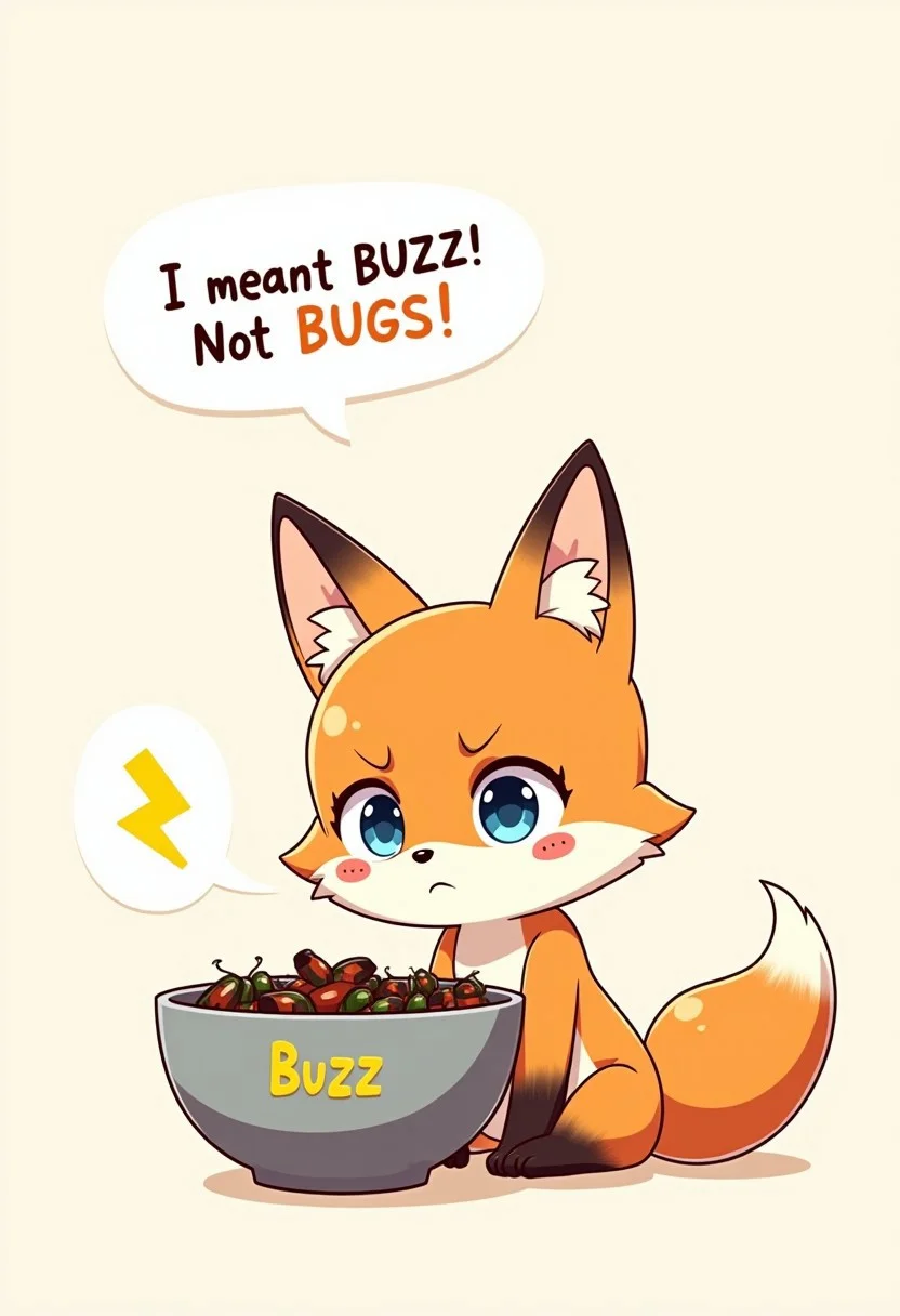 An innocent anime fox boy sitting in front of a big bowl, labeled "Buzz" with a yellow lightning symbol, begging. He has blue eyes, fully orange fox ears, orange tail with white tip, in an annoyed mood, saying in a big text bubble: "I meant BUZZ! Not BUGS!" The bowl has some beetles in it. The fox boy was feeling frustrated for his lisp.