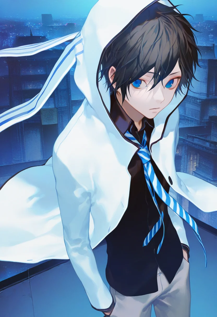 artist:gomzi,artist:wanke,artist:diyokama, rei_(sanbonzakura),[[artist:fuzichoco]],year 2023, 
1boy, solo, male focus,
protagonist \(devil survivor 2\), black hair, short hair, blue eyes,
white jacket, hooded jacket, black shirt, striped necktie, grey pants, rabbit hoods,
town, emotionless,
 <lora:ds2_protagonist.ilxl:1> <lora:hand 5.5:1>