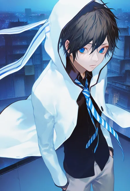 artist:gomzi,artist:wanke,artist:diyokama, rei_(sanbonzakura),[[artist:fuzichoco]],year 2023, 
1boy, solo, male focus,
protagonist \(devil survivor 2\), black hair, short hair, blue eyes,
white jacket, hooded jacket, black shirt, striped necktie, grey pants, rabbit hoods,
town, emotionless,
 <lora:ds2_protagonist.ilxl:1> <lora:hand 5.5:1>