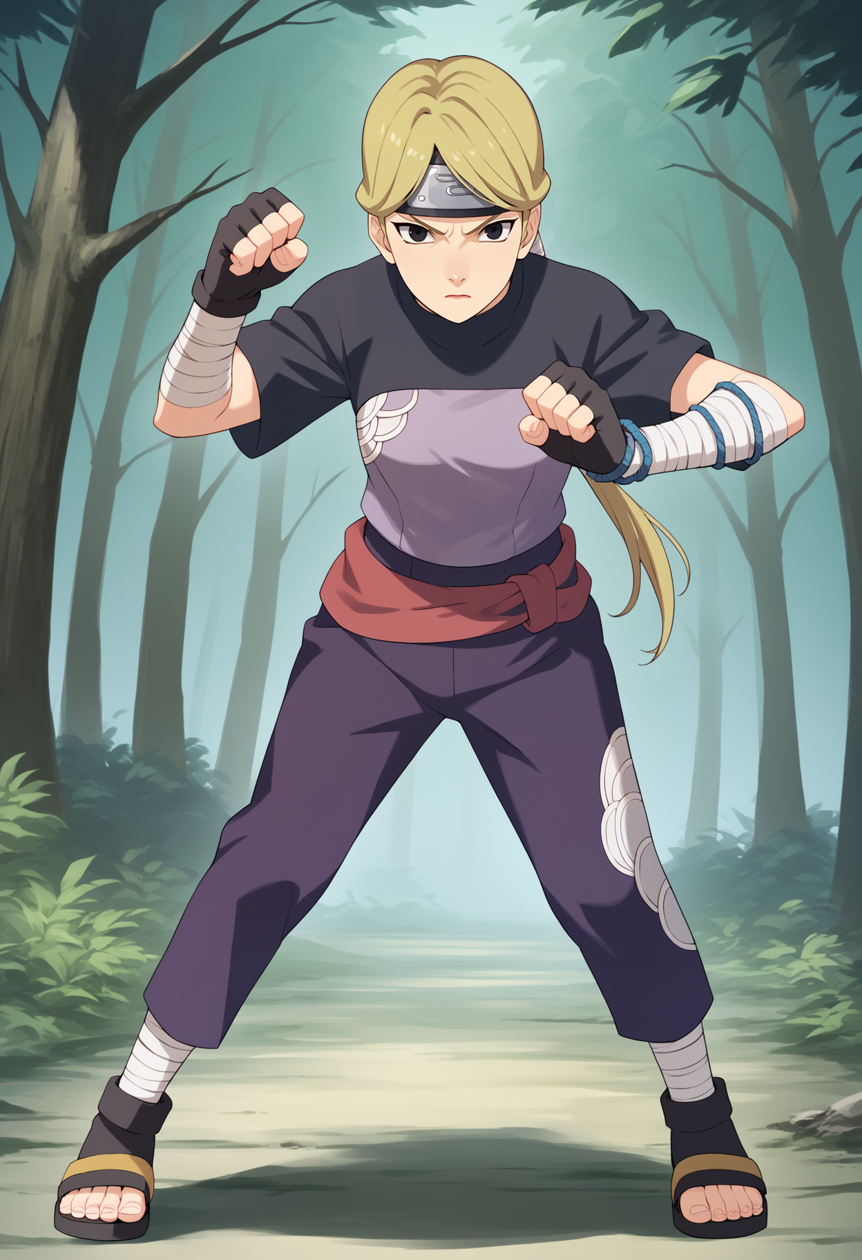 score_9, score_8_up, score_7_up, BREAK
1girl, yugitonii, blonde hair, long hair, ponytail, black eyes, forehead protector,
black shirt, purple blouse, black pants, bandages, fingerless gloves, sandals, short sleeves,
clenched hands,
fighting stance, full body, looking at viewer, solo, standing, outdoors, forest <lora:YugitoNiiPDXL_byKonan:1>
