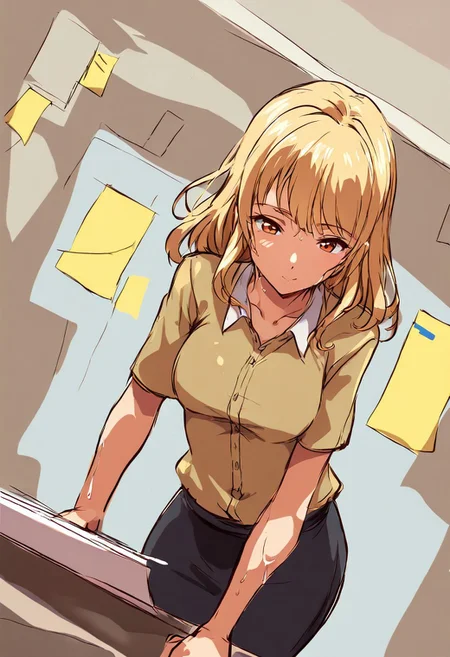 Beautiful sketch, anime, SK3, minimalist, simple drawing, simple shadows, a female model, blonde hair, wearing a button-up and black skirt, in an office,  low-angle view, smiling, wet, pink and orange lighting, drawing, sticky note wall, Jed-StickyN