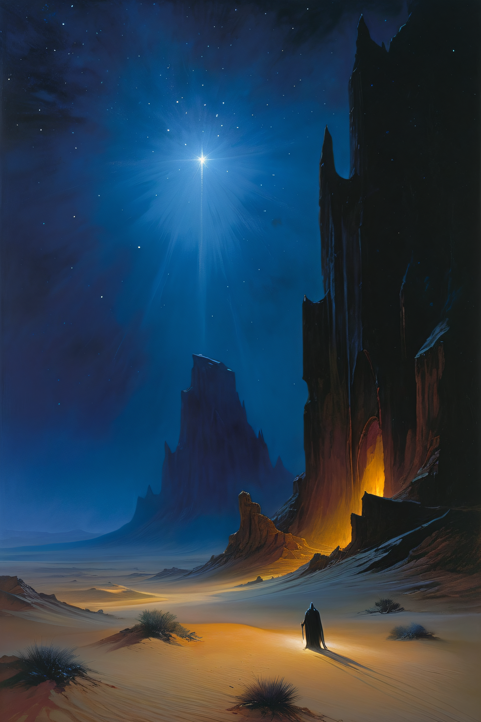 dark fantasy art painting by John Howe, dark fantasy, horror, gothic themes, a grim desert (((at night))), dark sky with stars, epic scenery, <lora:add-detail-xl:1>