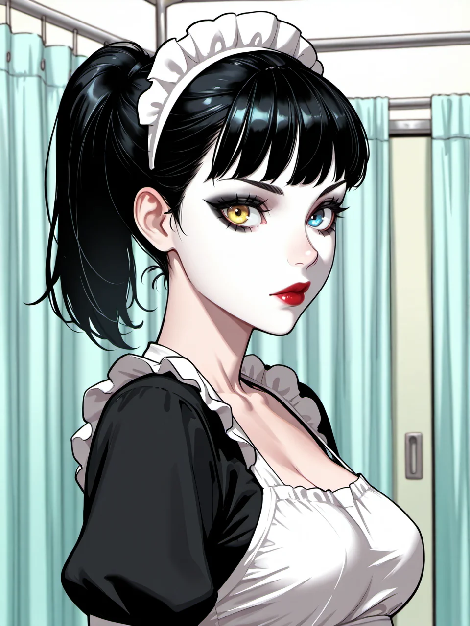 masterpiece, beautifully drawn, elegantly detailed, malk-girl,
1girl, solo, skinny, ponytail, black hair, heterochromia, blue eyes, yellow eyes, maid, maid headdress, maid apron, infirmary, breasts, medium breasts, eyeshadow, white face, red lips,
<lora:vtmb_malk_girl_illustrious_epoch_7:0.9>,