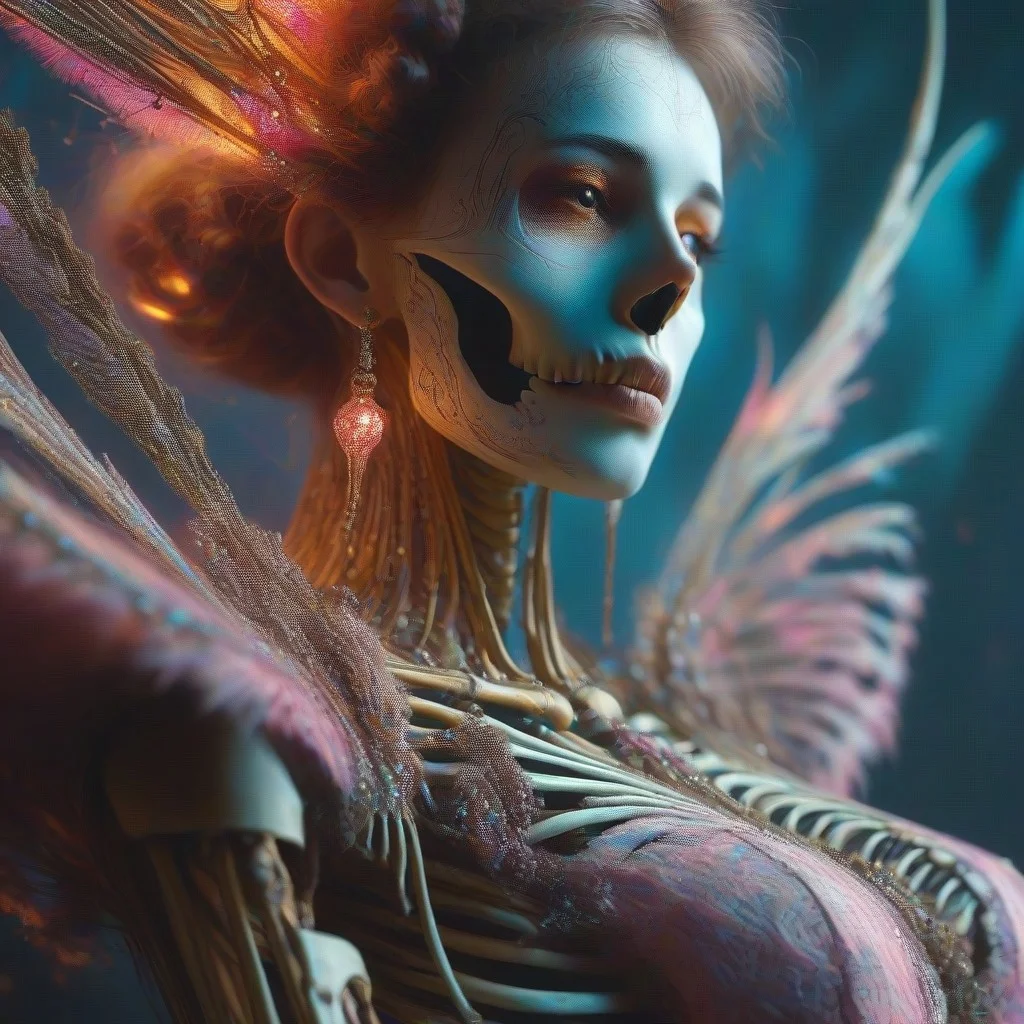 Intricately detailed skeleton voodoo woman, Vibrant earthen color scheme, masterpiece, best quality, ultra detailed, hires, 8k uhd, cinematic lighting