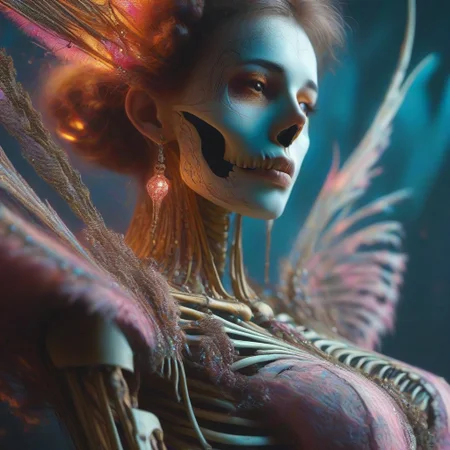 Intricately detailed skeleton voodoo woman,  Vibrant earthen color scheme, masterpiece, best quality, ultra detailed, hires, 8k uhd, cinematic lighting