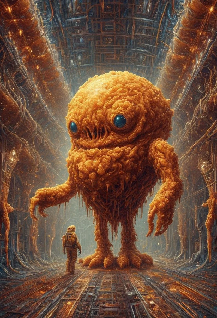 An oversized deep fried and crispy alien walks through a human space station. The stations pristine halls are slightly too small for the alien to stand comfortably