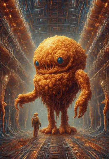 An oversized deep fried and crispy alien walks through a human space station. The stations pristine halls are slightly too small for the alien to stand comfortably