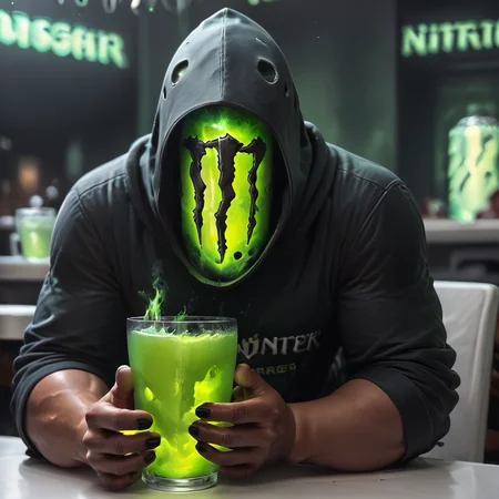 score_9, score_8_up, score_7_up, score_6_up, score_5_up, score_4_up,  <lora:MonsterNitroPony:0.8>,NitroEnergy,solo,holding,cup,1man,wearing dark hood,dark backround,huge glowing green glass cup in the midle of the table,holding cup with both hands,long dark demon fingers,dark hands,