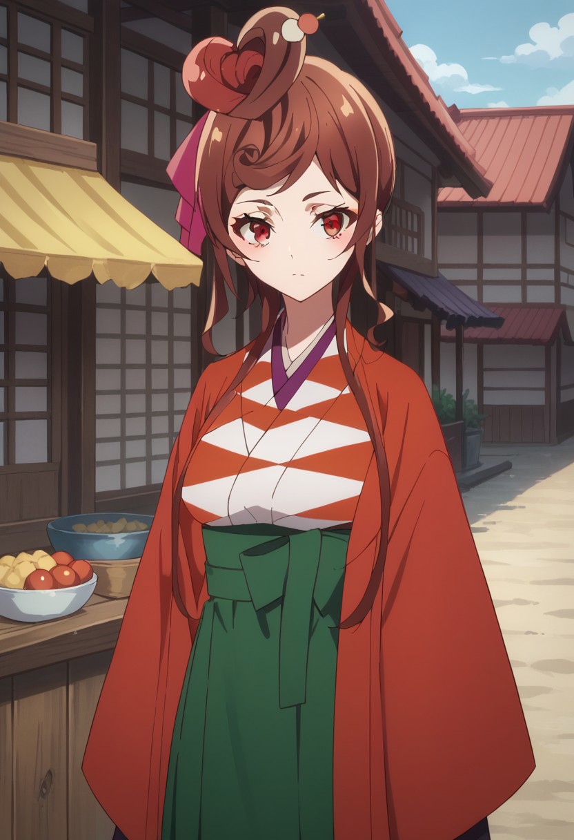 score_9, score_8_up, score_7_up, source_anime, highly detailed, 
yugiri, 1girl, japanese clothes, solo, brown hair, kimono, red eyes, pantyhose, hair ornament, skirt, food-themed hair ornament, wide sleeves, 
standing, looking at viewer, long hair, hair ribbon, upper body,
outdoor,