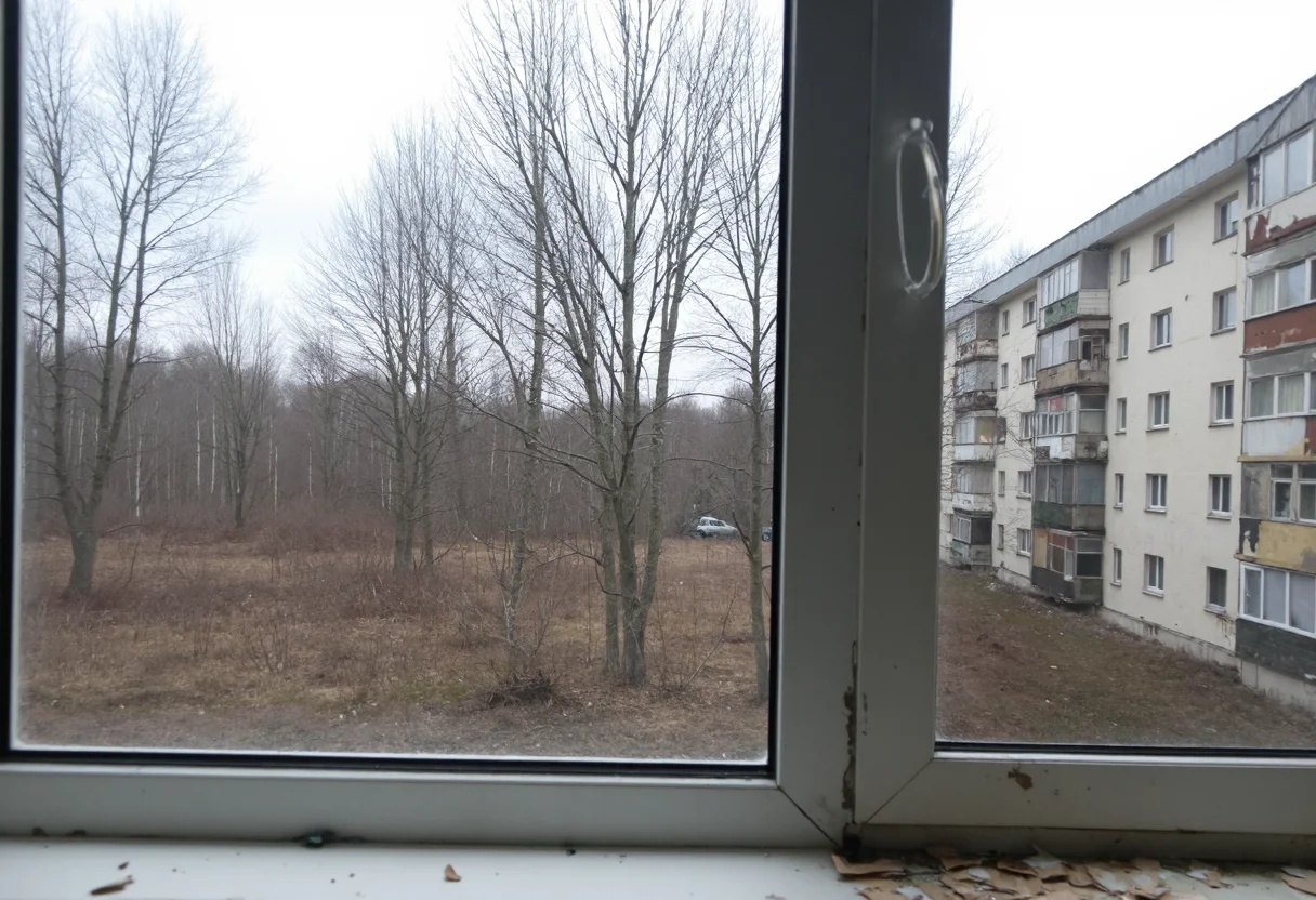 Urban winter scene viewed through a large window with peeling paint on the sill, revealing a bleak outdoor landscape. In the foreground, the window frame is prominent, slightly worn and aged, suggesting an older building's interiors. Beyond the glass, leafless trees stand amidst a patchy, brown field leading to a series of old apartment buildings, characterized by weathered facades and balconies. The sky is overcast, casting a muted gray light over the entire view, indicating a late autumn or early winter atmosphere. The photograph is of amateur quality, slight blur, dull colors, giving a sense of melancholy and stillness.,