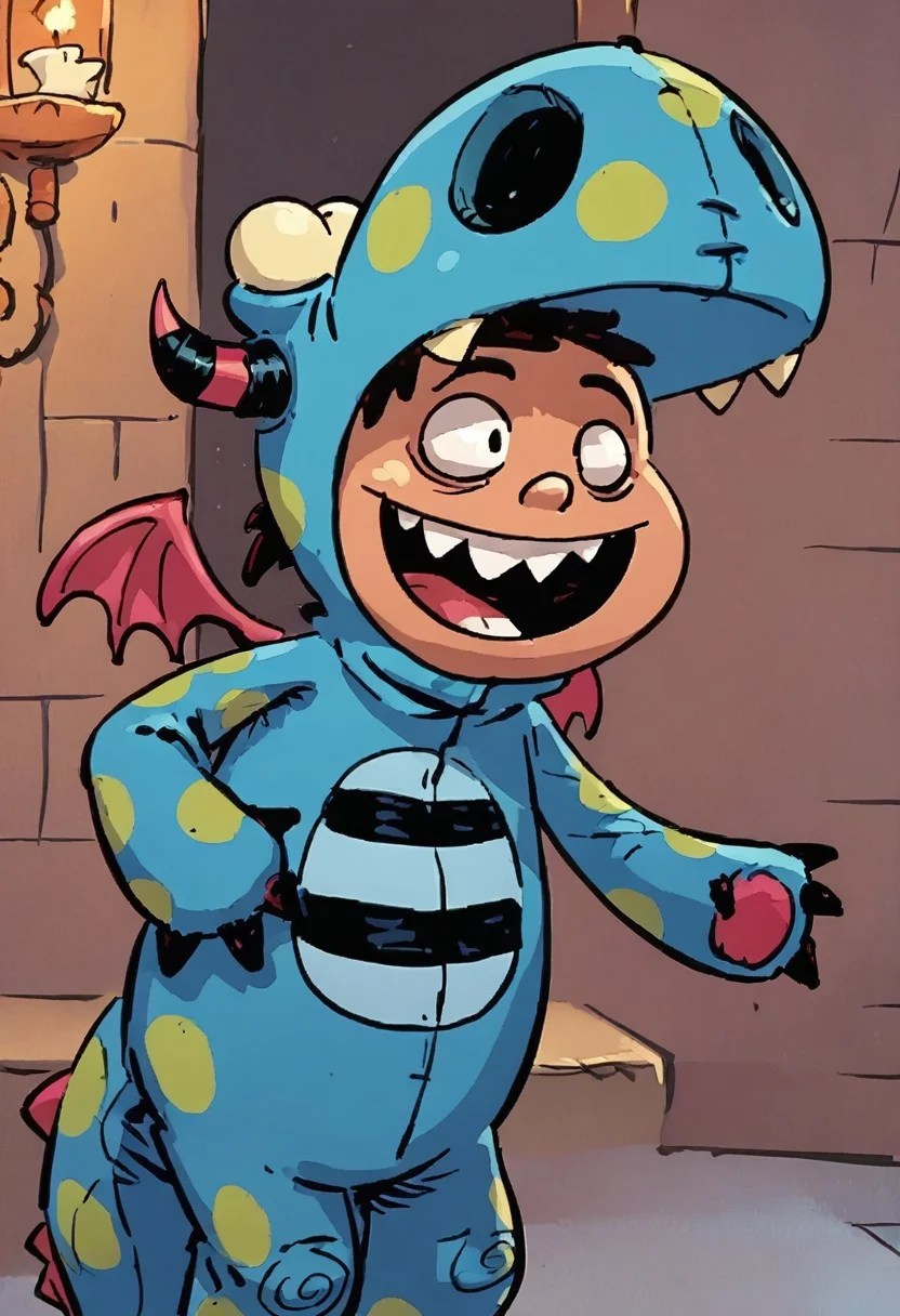 (score_9 | score_8_up | score_7_up) ((masterpiece:1))(best quality,very high quality,ultra detailed:1.2) (2D,cartoon style,anime style)(Smooth:2)(clean blurring) (four fingers on each hand,one thumb on each hand:1), wearing a dragon costume, Cj Casagrande, Solo, 1boy, portly, stocky, black scruffy hair, happy