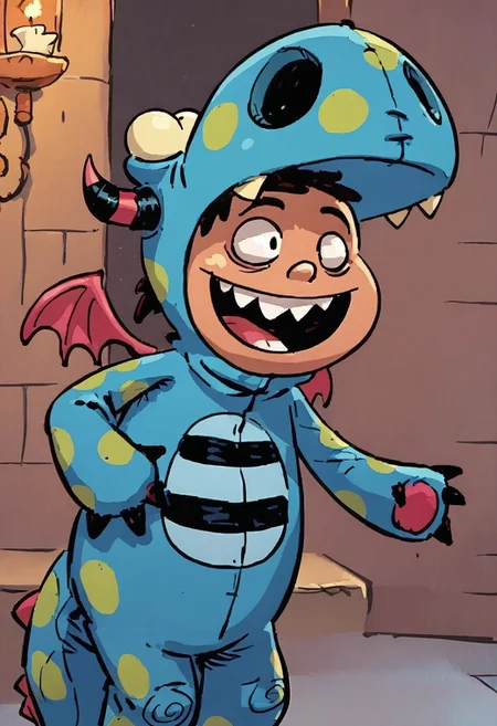(score_9 | score_8_up | score_7_up) ((masterpiece:1))(best quality,very high quality,ultra detailed:1.2) (2D,cartoon style,anime style)(Smooth:2)(clean blurring) (four fingers on each hand,one thumb on each hand:1), wearing a dragon costume, Cj Casagrande, Solo, 1boy, portly, stocky, black scruffy hair, happy