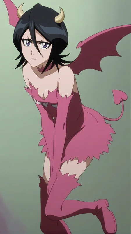 source_anime, score_9, score_8_up, score_7_up, anime screencap, high quality, 8k, absurdres, official style, <lora:Rukia_Kuchiki_mine:0.8>, rukia kuchiki, black hair, short hair, purple eyes, hair between eyes, succubus outfit, thighhighs, pink thighhighs, gloves, dress, pink dress, holding, closed mouth, tail, boots, wings, horns, choker, elbow gloves, pink gloves, thigh boots, demon girl, demon tail, demon wings, pink footwear, boots, floating, angry, leaning forward, small breasts, looking at viewer,