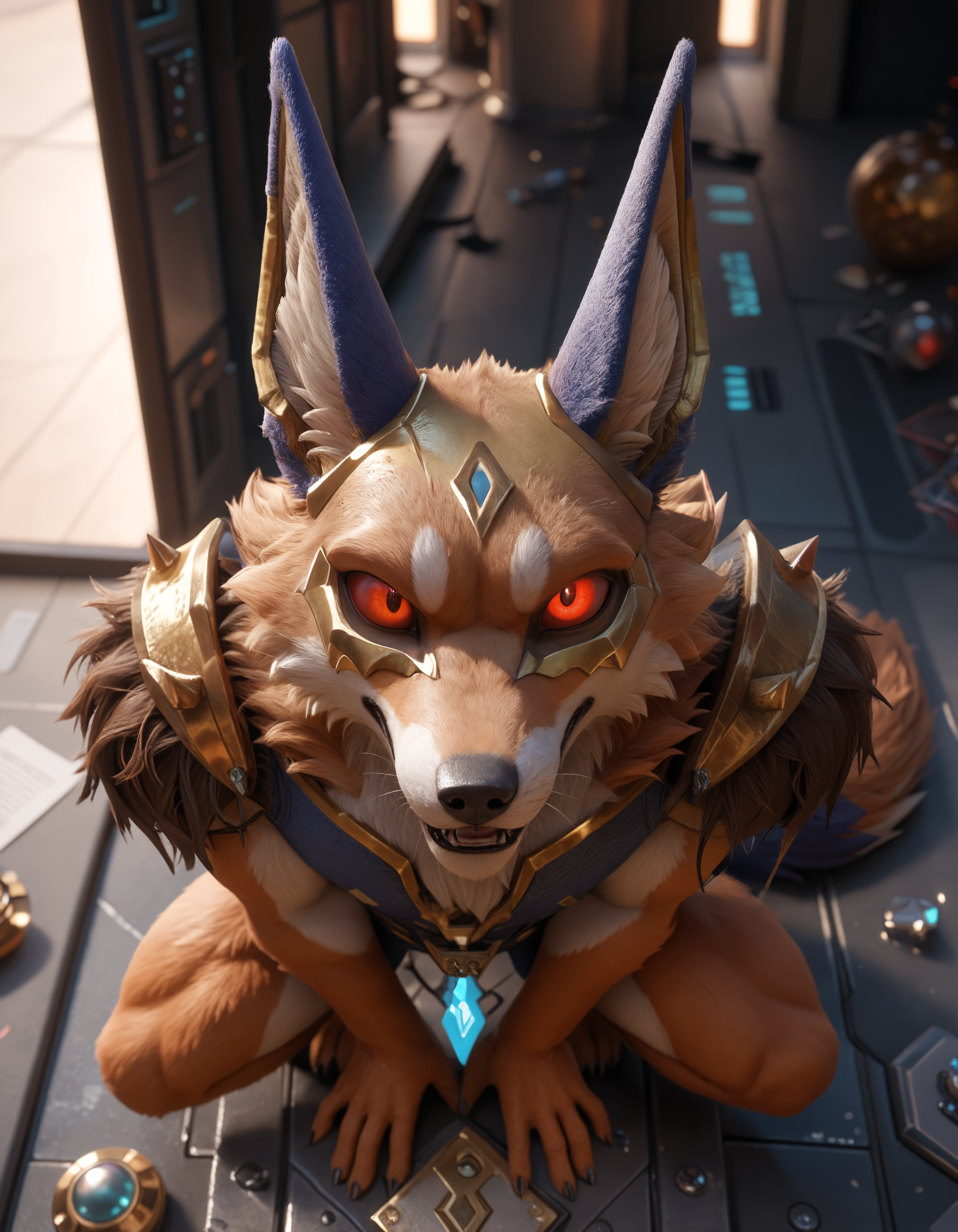 score_9, score_8_up, score_7_up, BREAK (anthro, furry:1.1), depth of field, cinematic lighting, masterpiece, detailed hands, detailed face, best quality, ultra realistic, 4k, 2k, film photography, RAW photo, photorealistic, analog style, subsurface scattering, photorealism, embedding:unaestheticXL_bp5, embedding:zPDXL,(best quality, high quality, 8K:1.5), <lora:add-detail-xl:2.5>, <lora:fix_hands.safetensors:2.0>, <lora:2.5DRealisticV2.safetensors:0.2>, <lora:sinfully_stylish_SDXL.safetensors:0.6>,  <lora:AdvancedEnhancerXLv2.safetensors:1.0>, (hi res), ((masterpiece)), ((best quality)), illustration, <lora:Sander (Dislyte).safetensors:0.8>, anthro, furry, sander, dislyte, anubian jackal, gold mask, (red sclera:1.1), grey fur, (glowing eyes:1.15), long ears, (long wolf tail:1.15), barefoot (from above, squatting, space station, sigh:1.15)