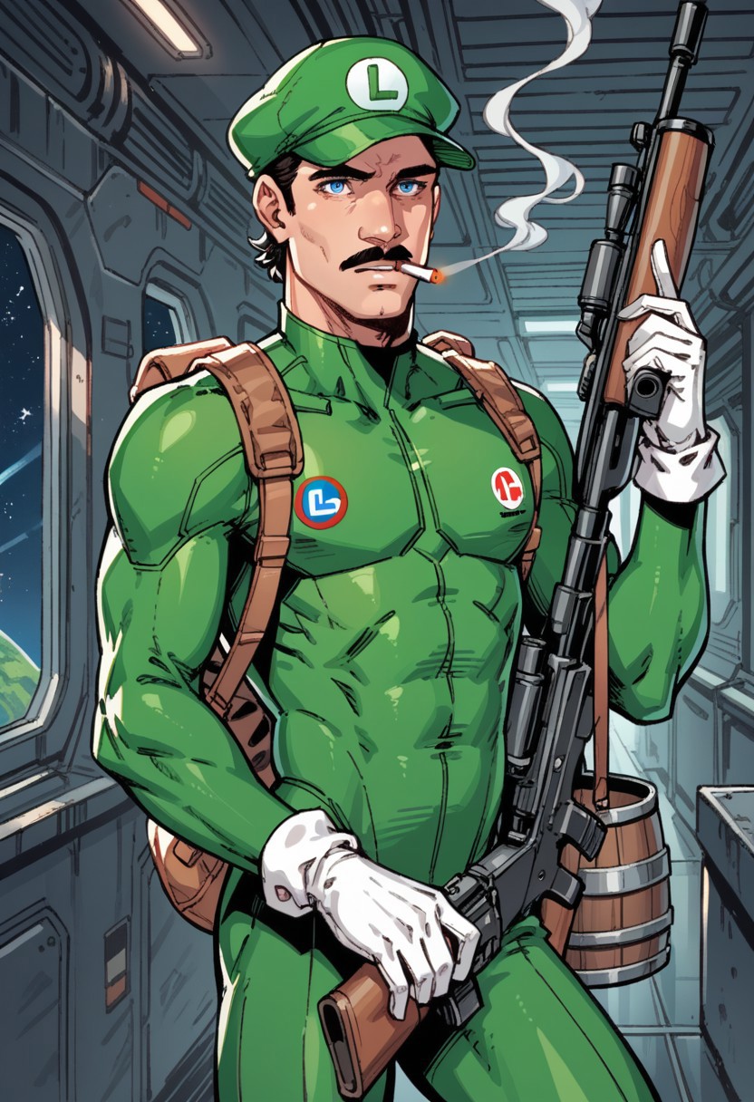score_9, score_8_up, score_7_up, score_6_up,  1boy,Luigi,44 years old, blue and green bodysuit, tall, slim, skinny,,large black mustache, blue eyes,large nose, long face, green hat,white gloves,
blank expression, emotionless, holding a futuristic space rifle, smoking barrel, smoking gun,, 
 futuristic space station, space station hallway,