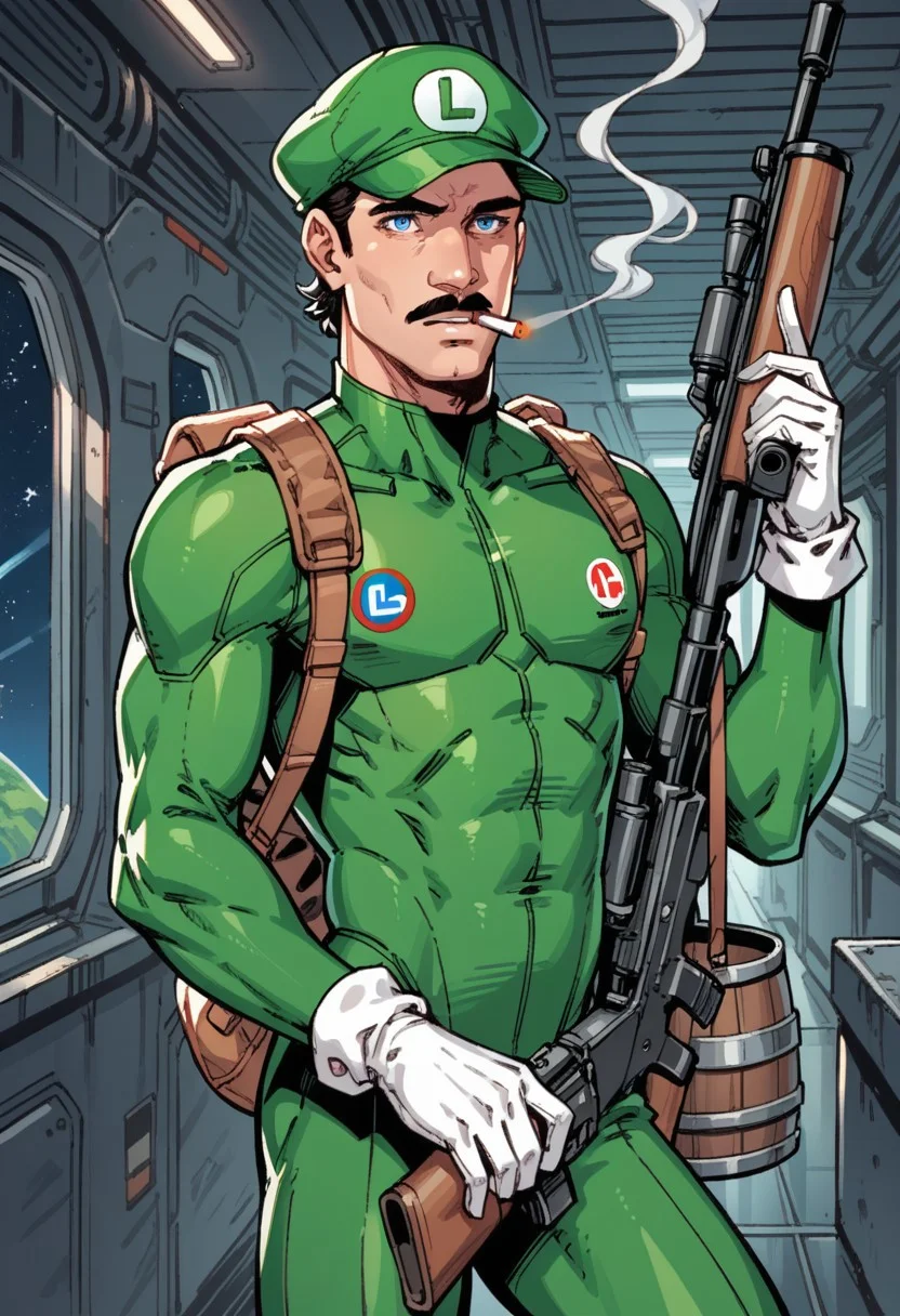 score_9, score_8_up, score_7_up, score_6_up,  1boy,Luigi,44 years old, blue and green bodysuit, tall, slim, skinny,,large black mustache, blue eyes,large nose, long face, green hat,white gloves,
blank expression, emotionless, holding a futuristic space rifle, smoking barrel, smoking gun,, 
 futuristic space station, space station hallway,