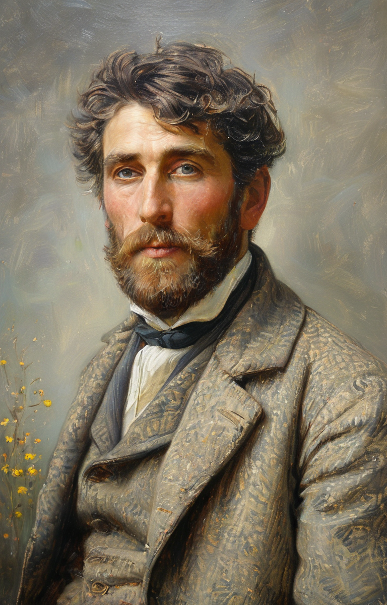 masterpiece,best quality,<lora:tbh136-sdxl:0.85>,portrait of  man,illustration,style of Helen Allingham