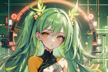 highly insanely detailed, masterpiece, top quality, best quality, highres, 4k, 8k, RAW photo, (very aesthetic, beautiful and aesthetic),  
(code_style,codestyle), 
<lora:CodeStyle (half generic class)_564920:0.8>, 
(1girl:1.3), 1other, 
neon yellow background,neon green background,neon orange background,(neon color background,colored digital glitch background),âââ