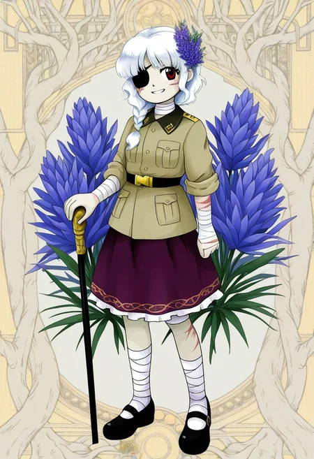 watercolor, aesthetic, colorful, jaggy lines, zun \(style\), BREAK, 1girl, solo, (tall, slanted eyes, red eyes, black plain eye patch, white hair, braid, hair over shoulder, (Hyacinth flower in hair:1.1), khaki military jacket, rolled sleeves black belt, gold buckle, frilly skirt, closed jacket, white shirt collar, purple skirt, (scars, burn scars,) bandages over neck, bandages over arms, bandages over legs, leg wraps, mary janes, black footwear, cane), standing, grin, leaning on cane, full body, floral background, Hyacinth background