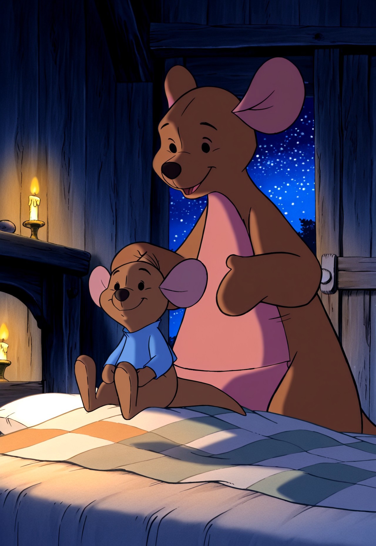 masterpiece, absurdres, highres, (anime screencap:2, anime coloring:2), official art, accurate art style, very aesthetic, flat colors, official screencap, style parody, WinnieThePooh_Character_And_Style, TiggerMovie, The Tigger Movie, retro artstyle, 2000s \(style)\, sketchy lines:2, proper proportions, BREAK, 1girl, Kanga, sitting on a chair, BREAK, 1boy, Roo, pajamas, lying in bed, warm smile, BREAK, detailed background, indoors, bedroom, bed, pillows, blanket, candlelight, night, BREAK, full body, cowboy shot, BREAK, vibrant colors, bloom, vignette, cinematic lighting, 75% soft lighting, 25% dark lighting