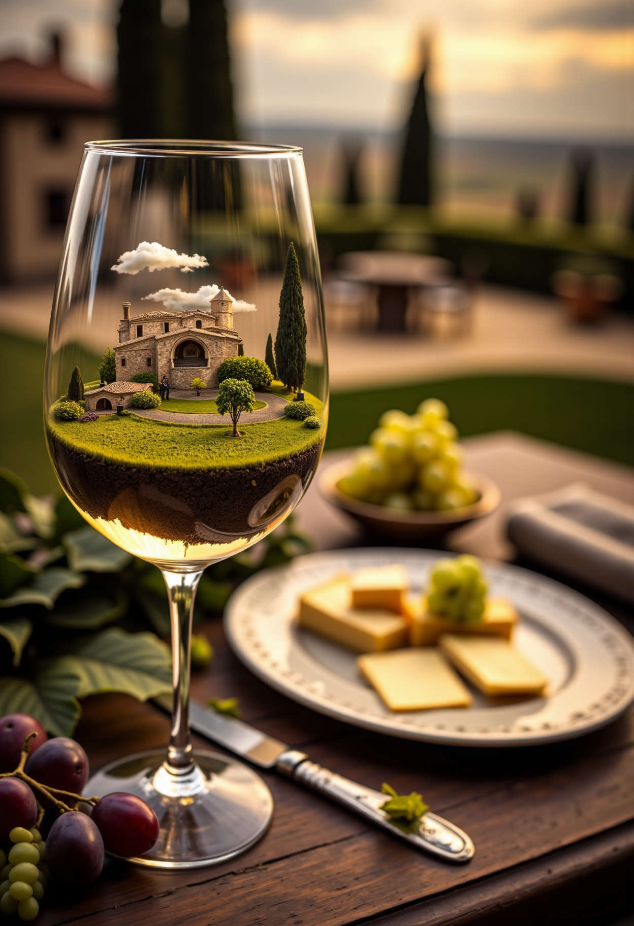 A close up detailed photo of a wine glass siting on a rustic table at a farmhouse in Tuscany, inside of the wine glass is another world and a miniature vineyard and Tuscan villa, on the table next to the glass are some grapes an ornate plate a knife a cloth napkin and some cheese, aidmaHyperrealism, <lora:aidmaHyperrealismv0.3:0.8> <lora:FluxDFaeTasticDetails:0.8>