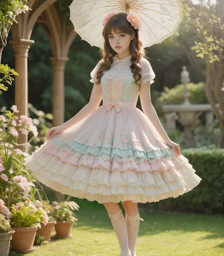 A girl wearing a short sweetegl dress, intricately adorned with frills, bows, and lace, twirling a parasol in a whimsical garden. Captured with a 35mm lens, creating a soft, ethereal focus and emphasizing pastel colors., SkinHairDetail-SDXL OverallDetail-SDXL <lora:SweetLolitaXLv4.23_(32):1.0>