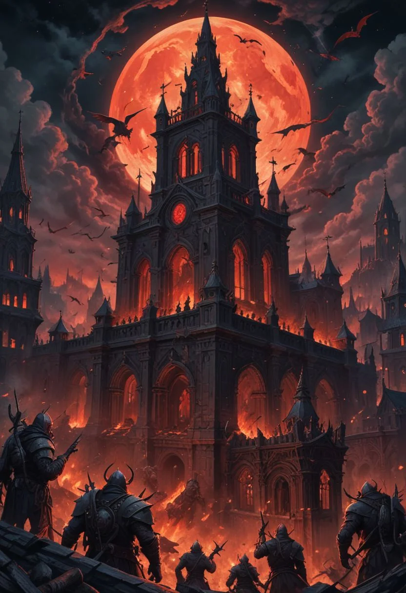 polarized, at night, roof of ancient Church, burning city, Red Moon, dark magic, grotesque creatures, punk aesthetic, dark fantasy ,grim landscapes, vibrant Deep colorful, heroes skirmish monstrous foes in a setting where rebellion, decay, and mysticism intertwine, hyper detailed, professional poster art, bold lines, award winning, (intricate details, masterpiece, best quality), dynamic pose, UHD
