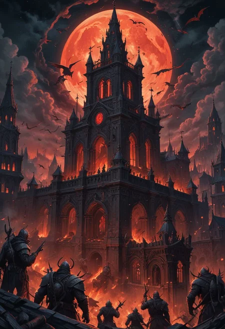 polarized, at night,  roof of ancient Church, burning city, Red Moon, dark magic, grotesque creatures, punk aesthetic, dark fantasy ,grim landscapes, vibrant Deep colorful, heroes skirmish monstrous foes in a setting where rebellion, decay, and mysticism intertwine, hyper detailed, professional poster art, bold lines, award winning, (intricate details, masterpiece, best quality), dynamic pose, UHD