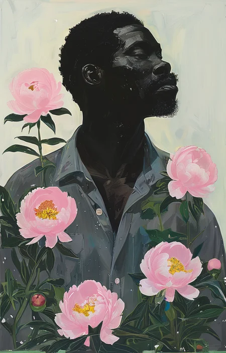 masterpiece,best quality,<lora:tbh268-sdxl:0.9>,illustration,style of Kerry James Marshall decaying peonies
