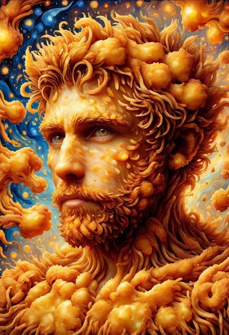 Van Gogh's painting Starry Night made of deep fried & crispy breading, Deep-Fried & Crispy Style. detail